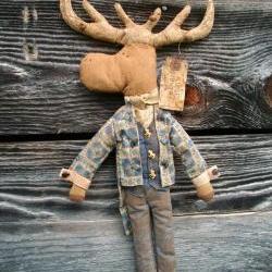 Primitive Moose Doll - Wall Hanging or Shelf Sitter - Blue Victorian Swallowtail Jacket