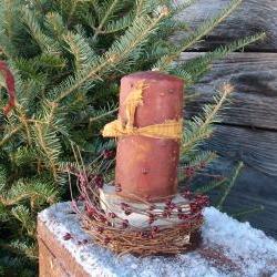 Primitive Candle Pedestal - Burgundy Pip Berry Candle Ring - Rustic Apple Cinnamon Scented 6" Pillar with Mustard Homespun