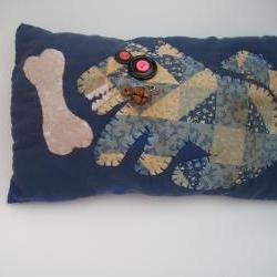 Primitive Whimsical Pillow - Appliqued Australian Cattle Dog or Blue Heeler