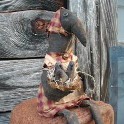 Primitive Crow Doll and Nest With Baby Crows - Shelf Sitter - For Hutch, Cupboard, or Mantel